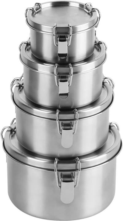 Famanu - Roestvrijstalen voedselcontainers met luchtdichte deksels - herbruikbare opslagcontainers voor maaltijdbereiding, lekvrije metalen bento-lunchbox, snackdozen voor kinderen en volwassenen