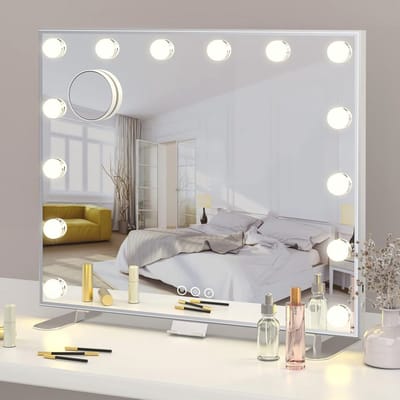Verlichte Make-up Spiegel met USB Oplaadpoort en Telefoonhouder - 14 LED Lampen en 3 Verstelbare Verlichtingsmodi (60 * 18 * 52.3CM)