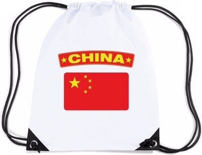 China thema sporttas - nylon rijgkoord rugzak - wit met vlag print - supporters - 11 liter - 45 x 34 cm