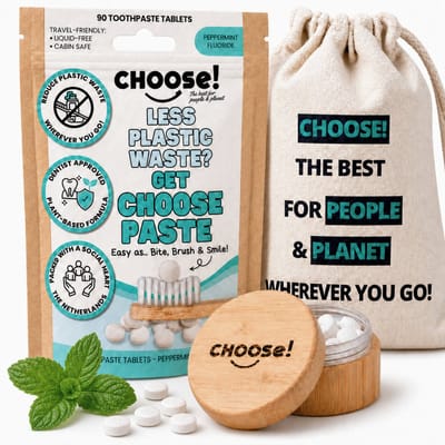 CHOOSE 6-Maandpakket - Tandpasta Tabletten met Bamboe Pot en Katoenen Zakje - 6 Maanden Voorraad - Refill Box - Duurzaam - Aanbevolen door Tandartsen - Zero Waste - Vegan - Fluoride - Ecologisch Verantwoord