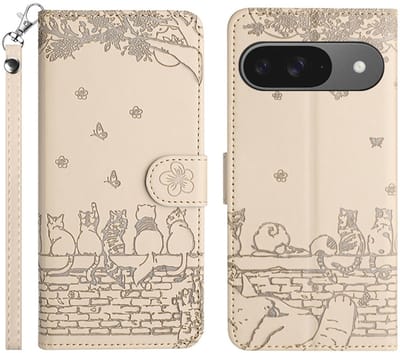 BookCover Hoes Etui geschikt voor Google Pixel 9 - 9 PRO - 10 - 10 PRO Beige - Katten op muurtje - Reliëf