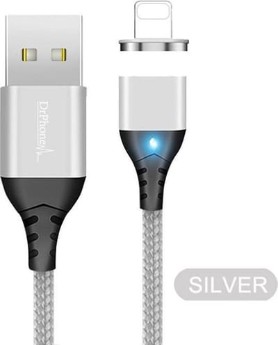 DrPhone FLM Magnetische Lightning Oplaad Kabel 3A + Data - Sterke Magneet - LED indicator - Geschikt voor iPhone/iPad etc - Nylon Gevlochten Kabel - 2M - Zilver