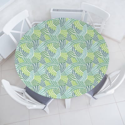 ABAKUHAUS Botanisch Elastisch Rond Tafelkleed, Draaiende Bladtakken, Allround Elastisch Tafelkleed, 100 cm - 110 cm, Limoengroen en Babyblauw