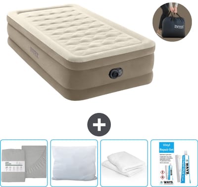 Intex Luchtbed - 1-Persoons - 99 x 191 x 46 cm - Beige - Inclusief pomp - Hoeslaken - Kussen - Reparatieset en Kussenbeschermer