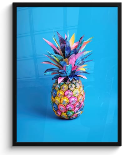 Poster in lijst - Fotolijst 60x80 cm - Posters - Ananas - Blauw - Tropisch - Vrolijk - Posterlijst zwart - Decoratie - Wanddecoratie woonkamer - Muurdecoratie slaapkamer