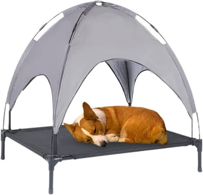 Hondenbed met zonnedak - Huisdier mand - Buiten ontspannen - Opvouwbaar en stabiel - 73 x 73 cm - Uniek