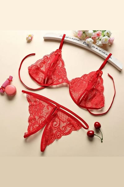 La Nuita Rode Kanten Bh Set Dames - Open Cup Bralette met Strappy Bandjes en String - Sexy Tweedelige Lingerie (S t/m XL)
