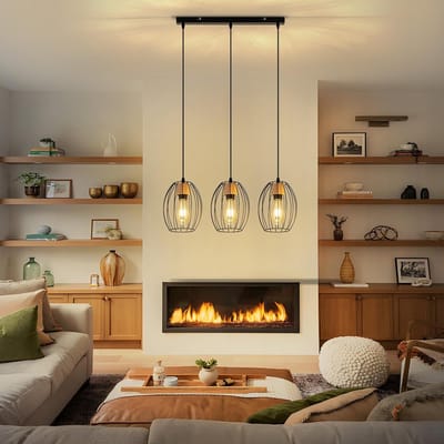 Glitzerlife - Hanglampen - vintage industrieel design - 3xE27 - hoogte verstelbaar - metalen hanglamp met houtaccent - Ø50cm - zwart - hanglampen eetkamer woonkamer