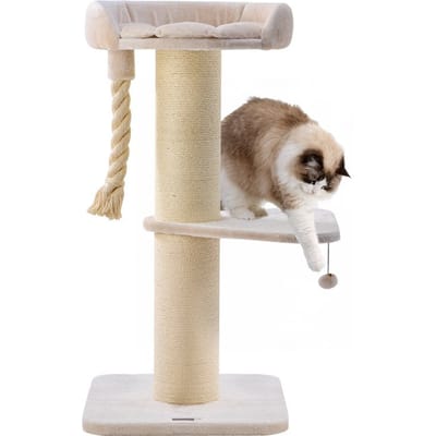 Jake and Jacky Krabpaal voor Grote Katten met Mand - Met Speeltouw - Met Opstap - Naturel/Crème - 57x 57x121 cm - Ø Krabpaal 20 cm