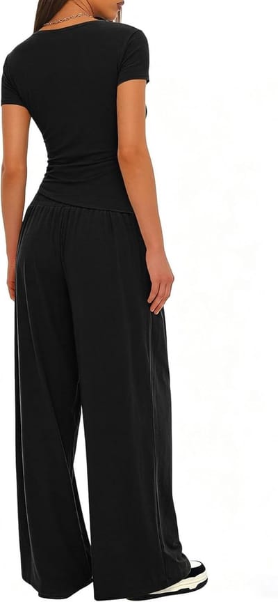 Zomer Tracksuit Set voor Dames, Korte Mouwen V-hals en Brede Broek met Zakken, Casual Sportoutfit voor Yoga en Fitness
