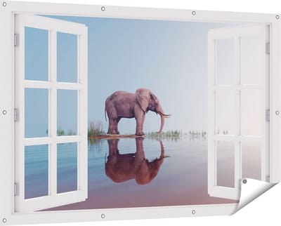 Gards Tuinposter Doorkijk Olifant bij het Water - 150x100 cm - Tuindoek - Tuindecoratie - Wanddecoratie buiten - Tuinschilderij