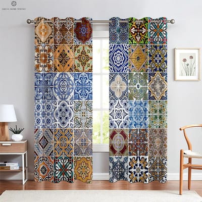 Kleurig Geruit Patroon Gordijn, Retro Boheemse Stijl, Geschikt voor Slaapkamer, Woonkamer, Balkon Decoratie, Huisdecoratie Kwaliteit W70xH100(CM)x2PCS&Grommet Top