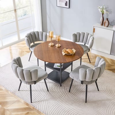 OKWISH Tafel En Stoelenset 107 Cm - Ronde Eettafel Met Dubbele Opbergruimte - 4 Stoffen Stoelen - MDF En Metaal - Grijs