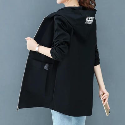 Vrouwen Herfst Grote Maat Casual Mid-lengte Windjack Vrouwelijke Lente Effen Kleur Lange Mouw Losse Capuchon Jas M zwart