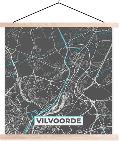 Posterhanger incl. Poster 40x40 cm - Schoolplaat - Stadskaart – Grijs - Kaart – Vilvoorde – België – Plattegrond - Textielposter - Blanke latten - Stadskaart