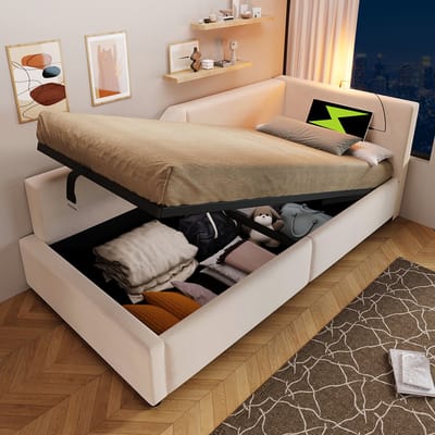Pugsdrly Gestoffeerd bed Dagbed Daybed 90x190cm, slaapbank met hydraulische opbergruimte, leeslampje en USB-C-oplaadfunctie, kinderbed jeugdbed bedframe met lattenbodem van hout, fluweel, beige