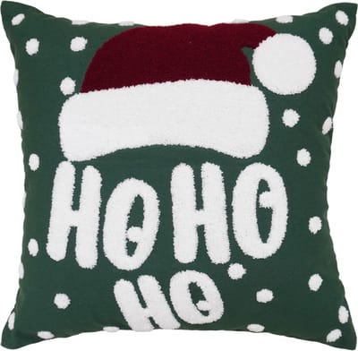 Urbane Hide | Kerst Kussenhoes | Kussenhoezen | Kussenhoesjes | Christmas | Geborduurd | Ho Ho Ho met kerstmuts | 45x45 CM | Katoen | Groen/Rood/Wit | Zonder Binnenkussen