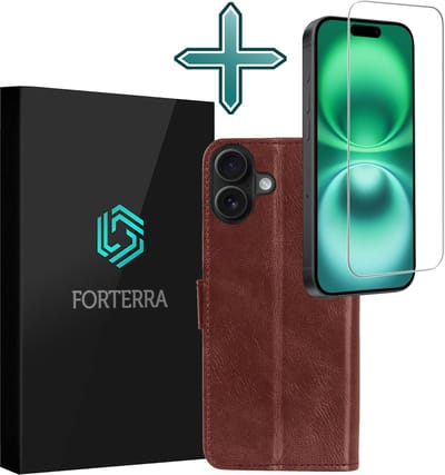Hoesje Met Screenprotector - Geschikt voor Apple iPhone 16 - Luxe Pasjeshouder - Flipcase - Bookcase Portemonee - Flip Case - Kunstleer Book Case - Book Cover - Walletcase - Portemonneehoes - Bruin