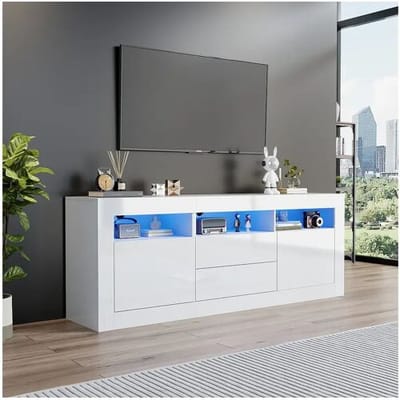 Merax TV-meubel met 3 open vakken, 2 deuren en 2 lades - 160 x 35 x 60 cm - Spaanplaat - LED's - Glanzend wit