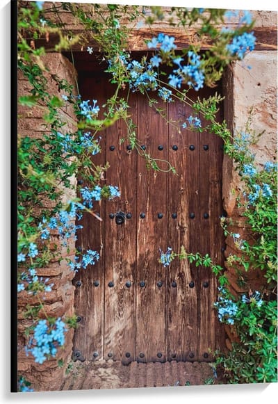Canvas  - Houten Deur met Blauwe Bloemen - 80x120cm Foto op Canvas Schilderij (Wanddecoratie op Canvas)