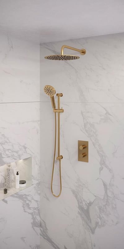 Brauer Gold Edition thermostatische inbouw regendouche 3-weg omstelling SET 46 met 30 cm douchekop en gebogen muurarm en 3-standen handdouche en doucheslang en geïntegreerde glijstang goud geborsteld PVD