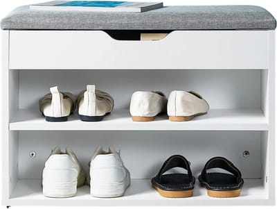 Stervia Schoenenbank - Schoenenkast - 6 Paar Schoenen - Incl Extra Opbergvak - 120 Kg Draagvermogen - Wit Met Grijs - 60 x 30 x 44 cm
