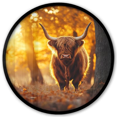 Poster in lijst Rond - Fotolijst 40x40 cm - Posters - Schotse hooglander - Bos - Herfst - Dieren - Natuur - Bladeren - Ronde posterlijst zwart - Decoratie - Wanddecoratie woonkamer - Muurdecoratie slaapkamer