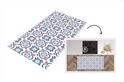 Keukenloper - Loper keuken - Bloem - Blauw - Rood - Patroon - 120x60 cm - Keukenloper vinyl