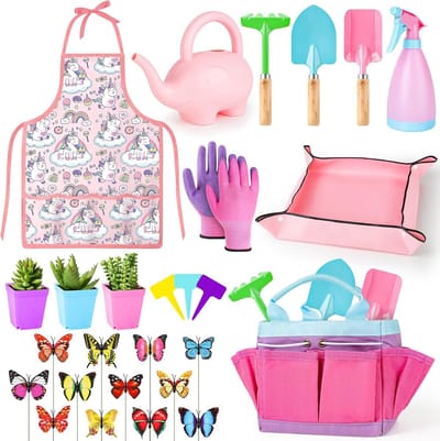 Famanu Tuingereedschapsset, bestaande uit veilige schep, hark, vork, handschoenen, schort, gieter en canvas tas, tuinset voor jongens en meisjes vanaf 3 jaar, roze