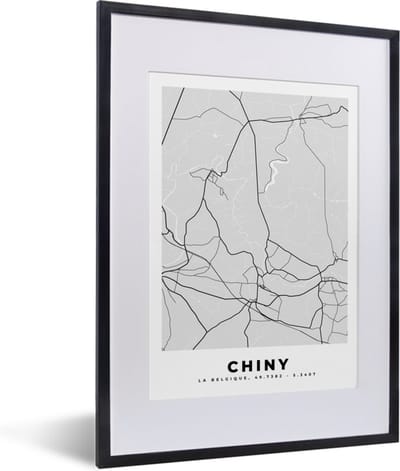Fotolijst incl. Poster Zwart Wit- Stadskaart – Plattegrond – België – Zwart Wit – Chiny – Kaart - 30x40 cm - Posterlijst