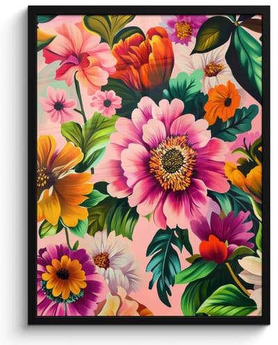 Poster in lijst - Fotolijst 50x70 cm - Posters - Bloemen - Kleurrijk - Roze - Posterlijst zwart - Decoratie - Wanddecoratie woonkamer - Muurdecoratie slaapkamer