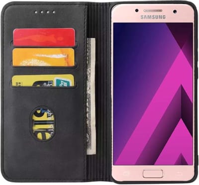 Smartphonica Samsung Galaxy A3 2017 kunstleren hoesje met magnetische sluiting en pashouders book case - zwart geschikt voor Samsung Galaxy A3 (2017)