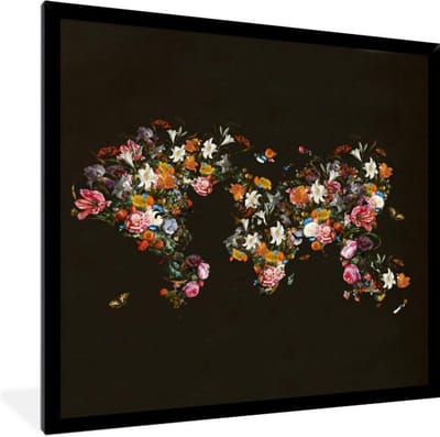 Poster in lijst - Fotolijst 40x40 cm - Posters - Wereldkaart - Rozen - Lelie - Bloemen - Posterlijst zwart - Decoratie - Wanddecoratie woonkamer - Muurdecoratie slaapkamer