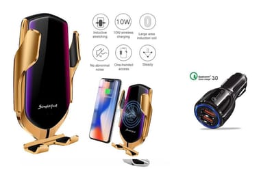 DrPhone Smart Sensor V2 - 10W Draadloze Oplader & Automatische Autohouder - 360° Rotatie met Infrarood + Auto Oplader - Goud