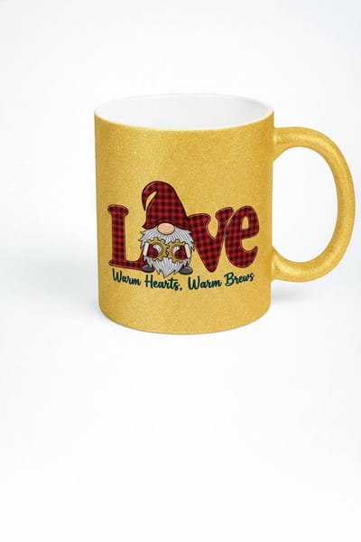 Glitter Gouden Mok met Plaid LOVE Kabouter & 'Warm Hearts, Warm Brews' - Unieke Cadeau Koffiemok