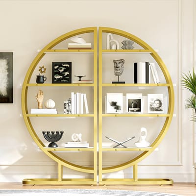 Boekenkast Open Kast Metalen Rek MDF Goud Wit Boogvorm Design N2