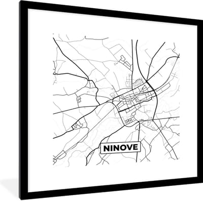 Fotolijst incl. Poster Zwart Wit- België – Ninove – Stadskaart – Kaart – Zwart Wit – Plattegrond - 40x40 cm - Posterlijst