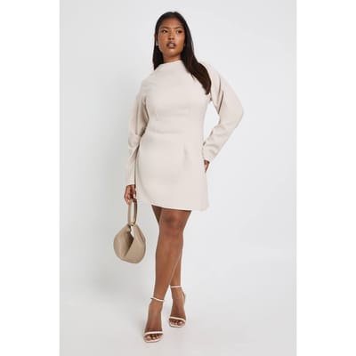 boohoo Dames Plus shiftjurk met ingesnoorde detail en ballonmouwen | Beige | Maat: 22