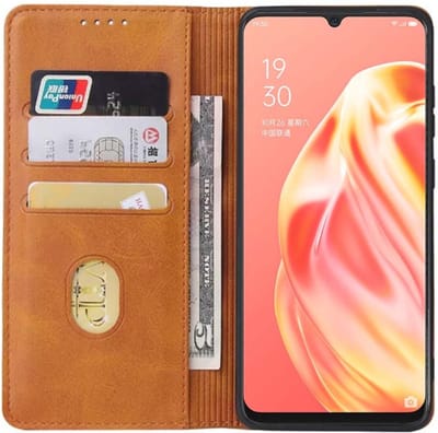 Smartphonica Oppo A91 leren hoesje met magnetische sluiting en pashouders book case – Bruin geschikt voor Oppo A91
