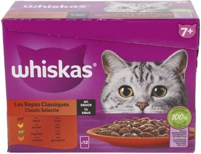 4x Whiskas 7+ Natvoer - Classic - Selectie in saus - maaltijdzakjes 12 x 85 g