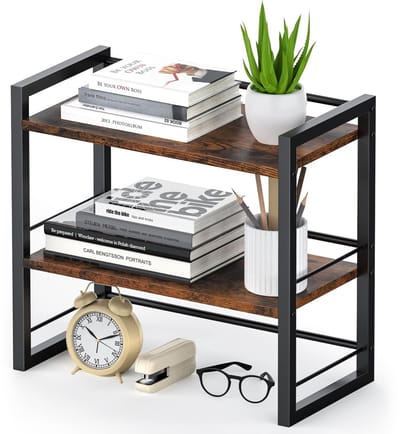 Dubbel houten bureaurek, compacte bureau-organizer, opbergrek voor boeken en benodigdheden, klein rek voor werkblad, commode (donkerbruin)