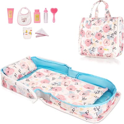 Draagbaar Poppenbed met Tas en Accessoires voor Meisjes - Roze Rozen