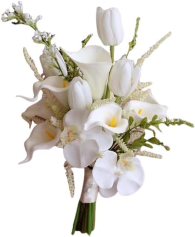 Bruidsboeket - Kunstbloemen boeket - Bruiloft decoratie - Handgemaakt realistisch - 20 cm - Wit