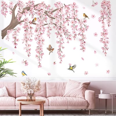 decalmile Grote Roze Bloem Boomtak Muur Stickers Kersenbloesem Boom Bloemen Vogels Muurstickers Woonkamer Slaapkamer Tv Achtergrond Muurdecor
