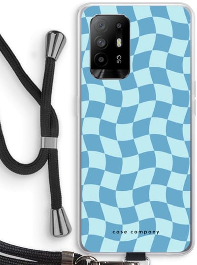 Case Company® - Hoesje met koord geschikt voor Oppo A94 5G hoesje met Koord - Grid Blauw - Telefoonhoesje met Zwart Koord - Bescherming aan alle Kanten en Over de Schermrand
