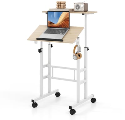 COSTWAY Sta-bureau, in hoogte verstelbaar, mobiele computertafel met wielen, kantelbaar tafelblad en 2 haken, bureau, state-zittafel, laptoptafel voor thuis, kantoor (natuur)