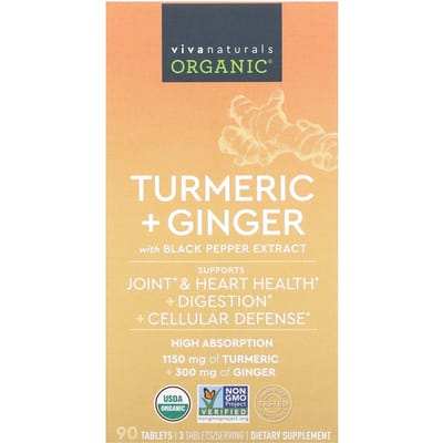 Viva Naturals, Bio, Curcuma + Gingembre, 90 Comprimés