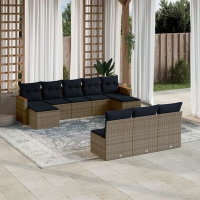 vidaXL - 10-delige - tuinbankset - met - kussens, - grijs - polyrotan