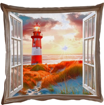 Sierkussens - Kussentjes Woonkamer - 50x50 cm - Doorkijk - Raam - Vuurtoren - Zonsondergang - Strand