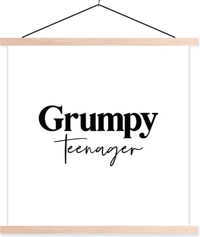 Posterhanger incl. Poster 40x40 cm - Schoolplaat - Tiener - Quotes - Zwart - Wit - Grumpy teenager - Textielposter - Blanke latten
